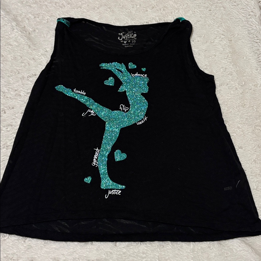 Justice Black Tank Top with Teal Glitter Gymnast Design